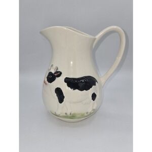 Vintage Mexican White Ceramic Pitcher with 3-D Cow Design 1987